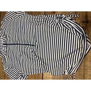 ModLi Women's Navy and White Striped Short Sleeve Zip-Up Top, Size Large Swim